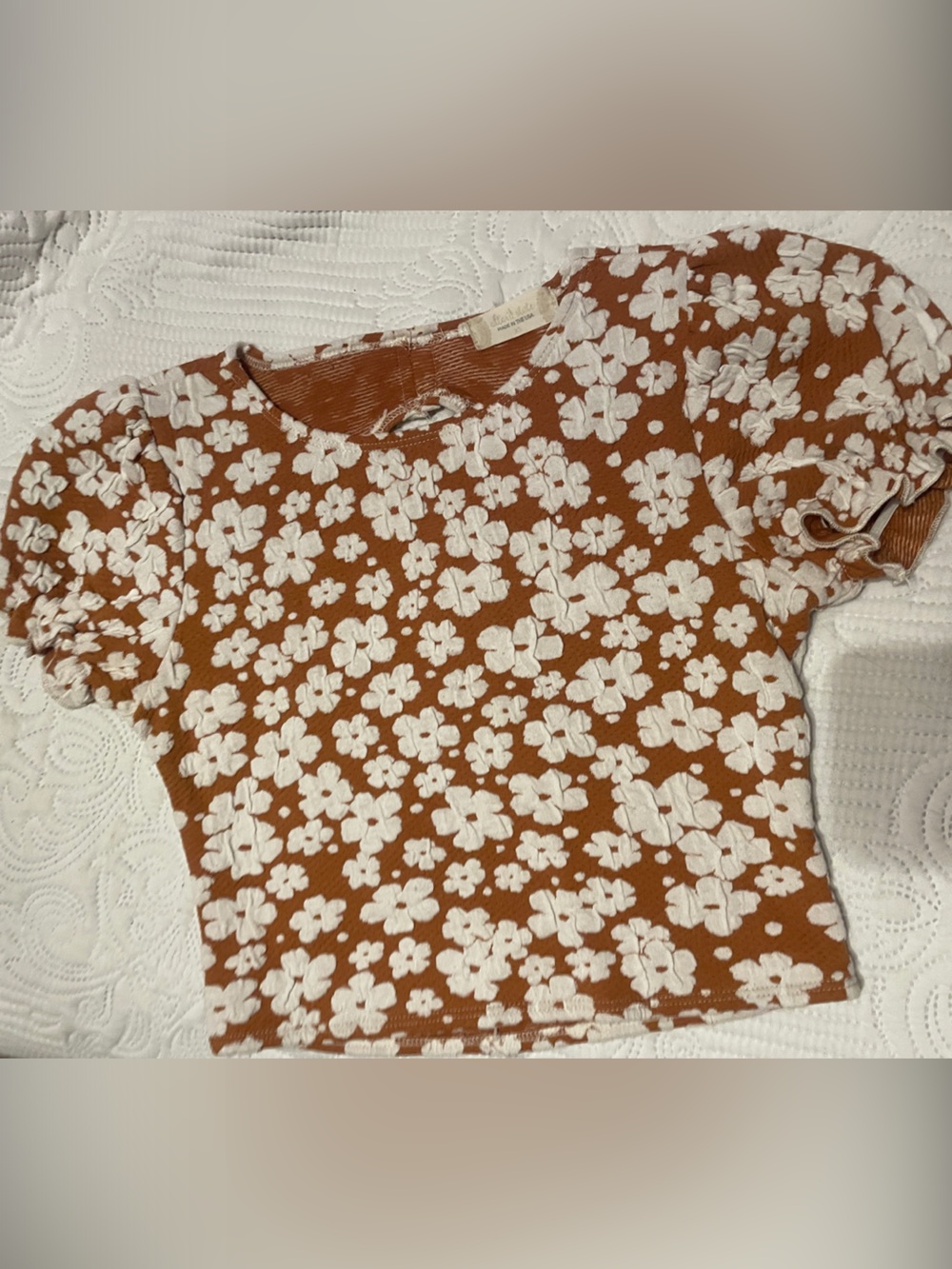 Altar'd State Rust Brown Floral Puff Sleeve Top with Cream Flowers